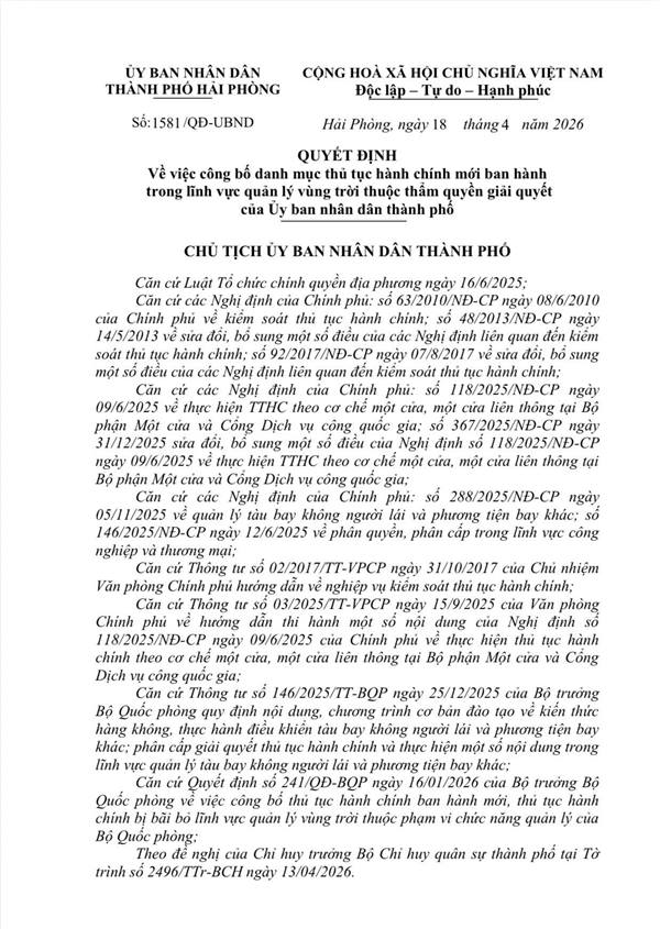 Quyết định của UBND thành phố Hải Phòng về việc công bố danh mục thủ tục hành chính mới ban hành trong lĩnh vực quản lý vùng trời thuộc thẩm quyền giải quyết của Uỷ ban nhân dân thành phố./.