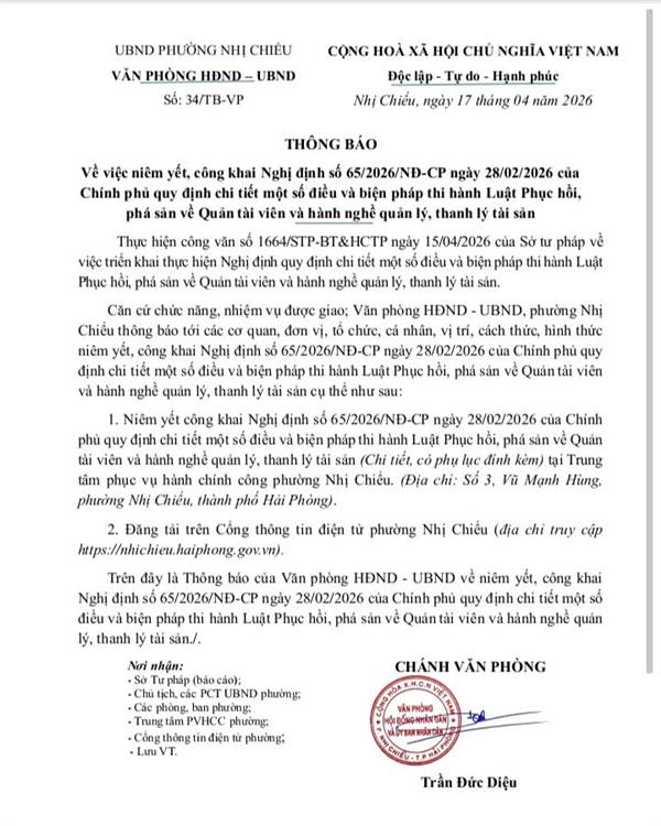 UBND phường Nhị Chiểu Thông báo về việc niêm yết, công khai Nghị định số 65/2026/NĐ-CP ngày 28/02/2026 của Chính phủ quy định chi tiết một số điều và biện pháp thi hành Luật Phục hồi, phá sản về Quản tài viên và hành nghề quản lý, thanh lý tài sản