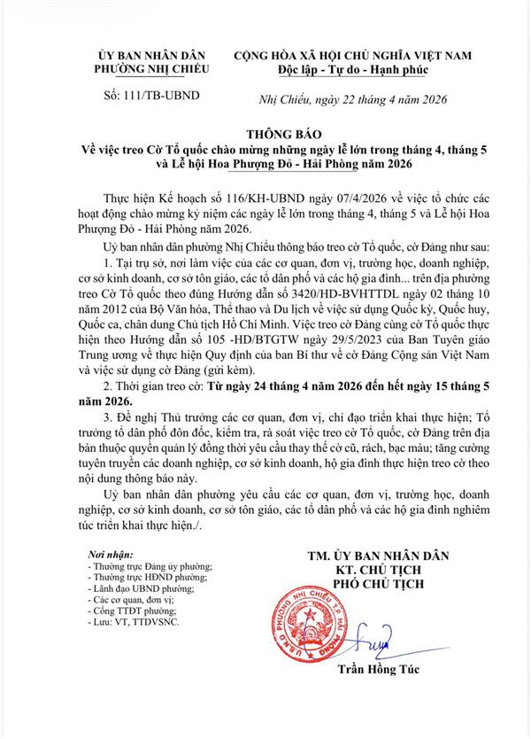 UBND phường Nhị Chiểu thông báo về việc treo Cờ Tổ quốc chào mừng những ngày lễ lớn trong tháng 4, tháng 5 và Lễ hội Hoa Phượng Đỏ - Hải Phòng năm 2026