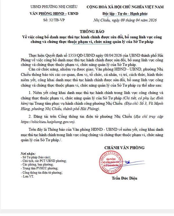 Thông báo về việc công bố danh mục thủ tục hành chính được sửa đổi, bổ sung lĩnh vực công chứng và chứng thực thuộc phạm vi, chức năng quản lý của Sở Tư pháp.