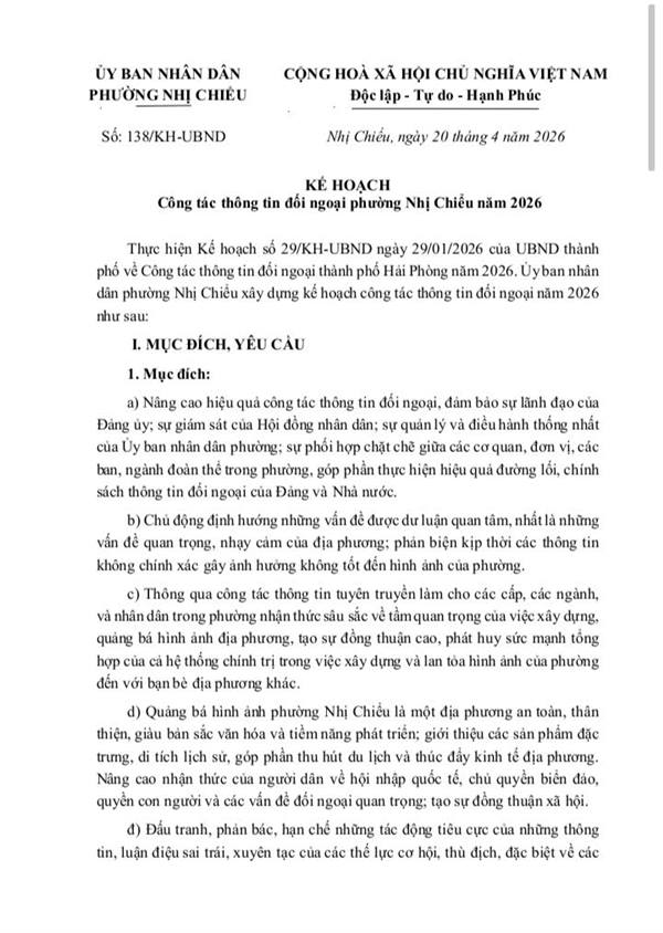 Kế hoạch công tác thông tin đối ngoại phường Nhị Chiểu năm 2026