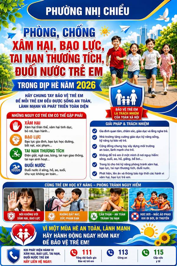Phương Nhị Chiểu thông báo đến toàn thể nhân dân về việc tăng cường công tác phòng, chống xâm hại, bạo lực, tai nạn thương tích, đuối nước trẻ em trong dịp hè năm 2026. 