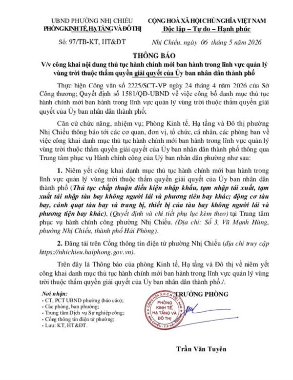 UBND phường Nhị Chiểu Thông báo về việc công khai nội dung thủ tục hành chính mới ban hành trong lĩnh vực quản lý vùng trời thuộc thẩm quyền giải quyết của Ủy ban nhân dân thành phố 