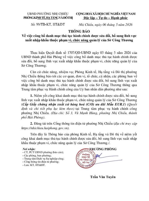 UBND phường Nhị Chiểu Thông báo về việc công bố danh mục thủ tục hành chính được sửa đổi, bổ sung lĩnh vực xuất nhập khẩu thuộc phạm vi, chức năng quản lý của Sở Công Thương