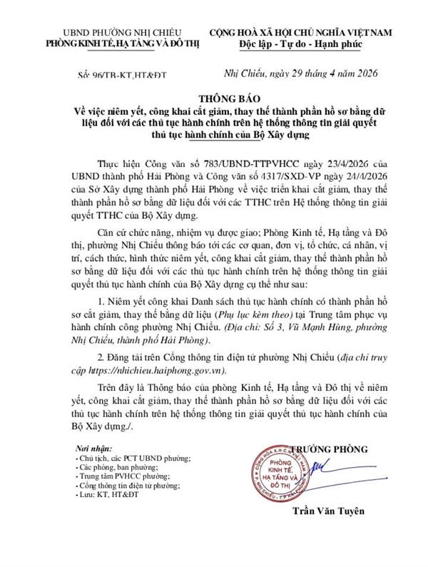 Thông báo về việc niêm yết, công khai cắt giảm, thay thế thành phần hồ sơ bằng dữ liệu đối với các thủ tục hành chính trên hệ thống thông tin giải quyết thủ tục hành chính của Bộ Xây dựng 