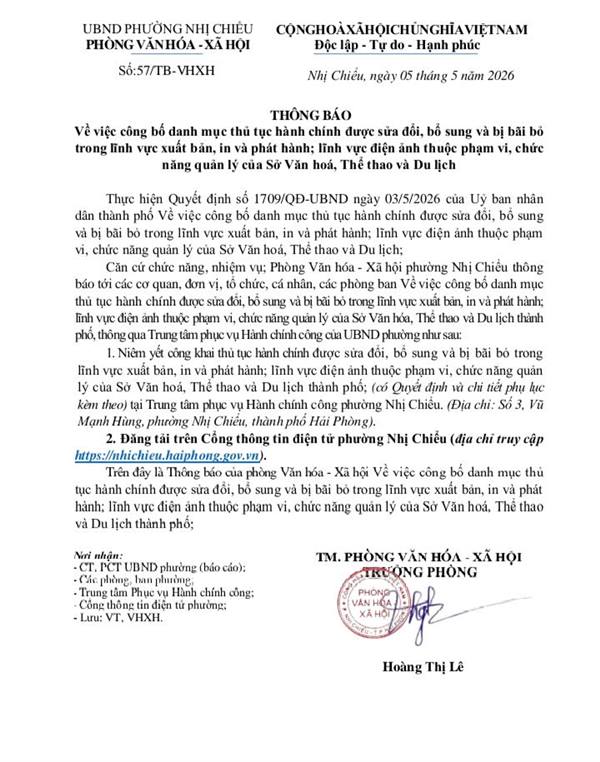 Về việc công bố danh mục thủ tục hành chính được sửa đổi, bổ sung và bị bãi bỏ trong lĩnh vực xuất bản, in và phát hành; lĩnh vực điện ảnh thuộc phạm vi, chức năng quản lý của Sở Văn hoá, Thể thao và Du lịch 