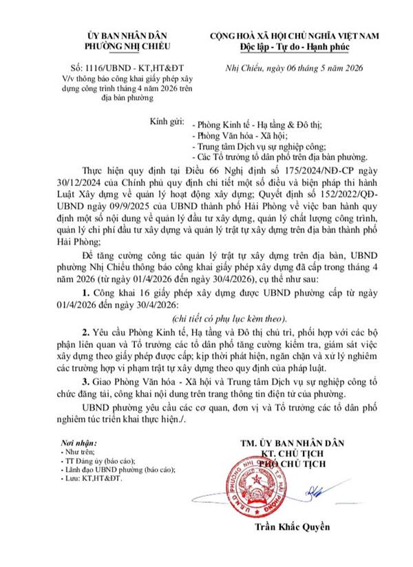 UBND phường Nhị Chiểu thông báo công khai giấy phép xây dựng công trình tháng 4 năm 2026 trên địa bàn phường 