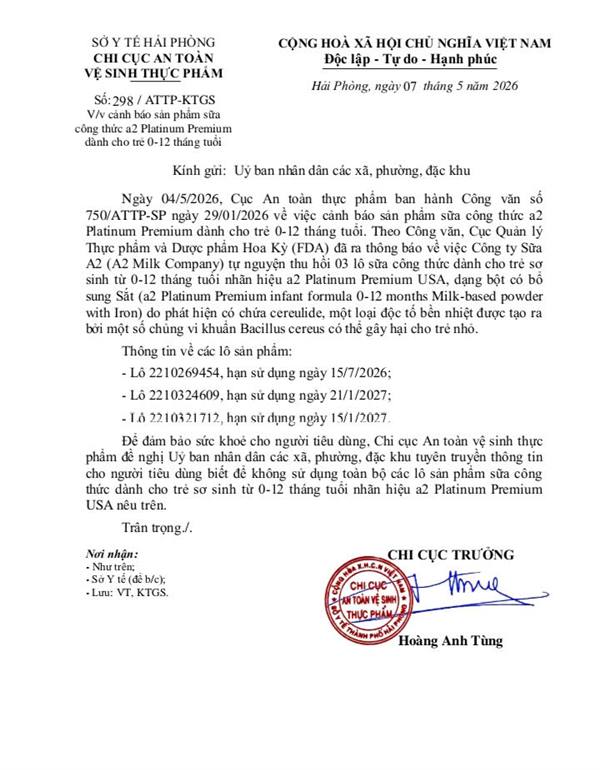 Công văn về việc cảnh báo sản phẩm sữa công thức a2 Platinum Premium dành cho trẻ 0-12 tháng tuổi