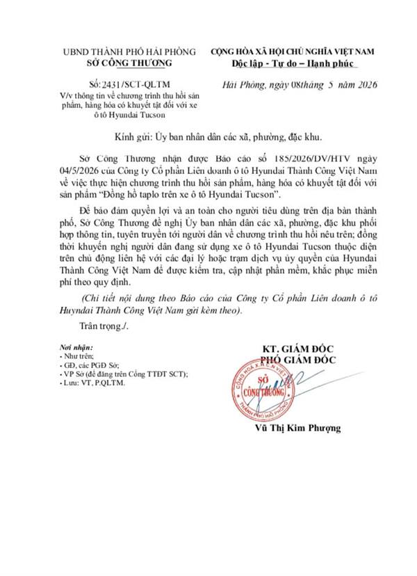 Công văn về việc thông tin về chương trình thu hồi sản phẩm, hàng hóa có khuyết tật đối với xe ô tô Hyundai Tucson
