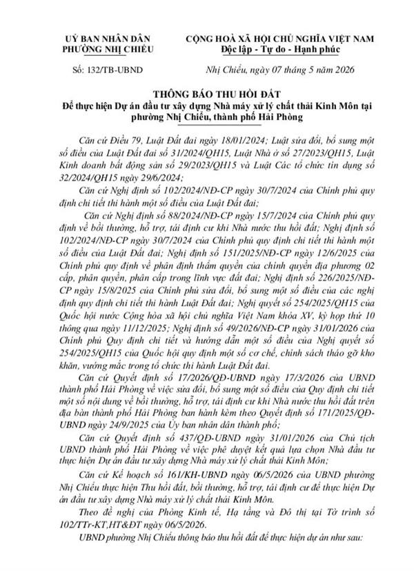 Thông báo thu hồi đất để thực hiện Dự án đầu tư xây dựng Nhà máy xử lý chất thải Kinh Môn tại phường Nhị Chiểu, thành phố Hải Phòng.
