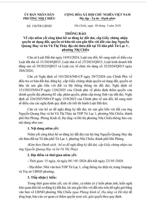 Thông báo về việc niêm yết công khai hồ sơ đăng ký đất đai, cấp Giấy chứng nhận quyền sử dụng đất, quyền sở hữu tài sản gắn liền với đất của ông Nguyễn Quang Huy và bà Vũ Thị Thúy địa chỉ thửa đất tại Tổ dân phố Tử Lạc 1 , phường Nhị Chiểu