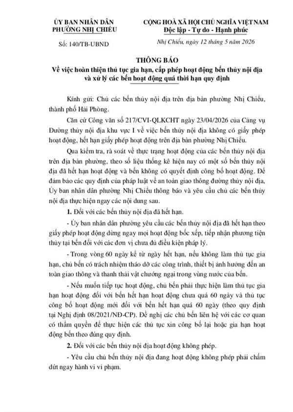 UBND phường Nhị Chiểu thông báo về việc hoàn thiện thủ tục gia hạn, cấp phép hoạt động bến thủy nội địa và xử lý các bến hoạt động quá thời hạn quy định