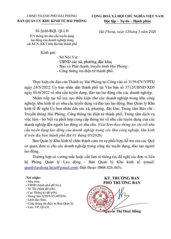Công văn về việc thông tin nhu cầu tuyển dụng lao động của doanh nghiệp trong các KCN, KKT trên địa bàn thành phố
