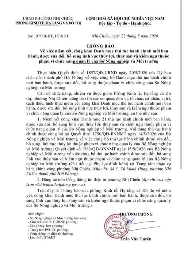 UBND phường Nhị Chiểu thông báo về việc niêm yết, công khai Danh mục thủ tục hành chính mới ban hành, được sửa đổi, bổ sung lĩnh vực thủy lợi, thủy sản và kiểm ngư thuộc phạm vi chức năng quản lý của Sở Nông nghiệp và Môi trường