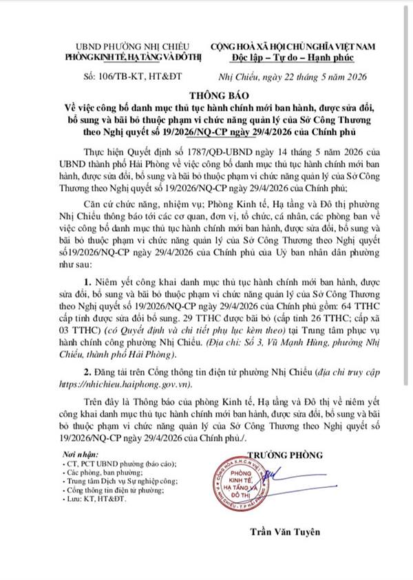 UBND phường Nhị Chiểu thông báo về việc công bố danh mục thủ tục hành chính mới ban hành, được sửa đổi, bổ sung và bãi bỏ thuộc phạm vi chức năng quản lý của Sở Công Thương theo Nghị quyết số 19/2026/NQ-CP ngày 29/4/2026 của Chính phủ