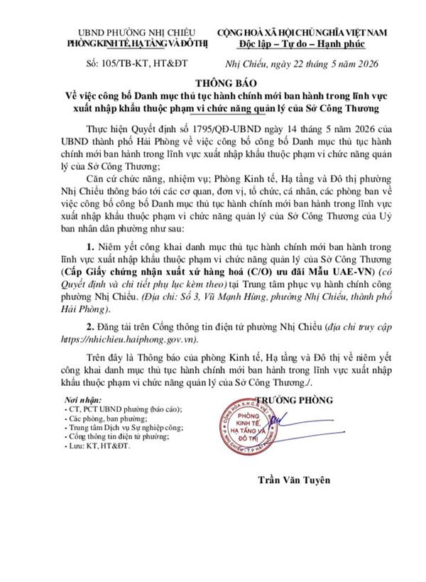 UBND phường Nhị Chiểu thông báo về việc công bố Danh mục thủ tục hành chính mới ban hành trong lĩnh vực xuất nhập khẩu thuộc phạm vi chức năng quản lý của Sở Công Thương