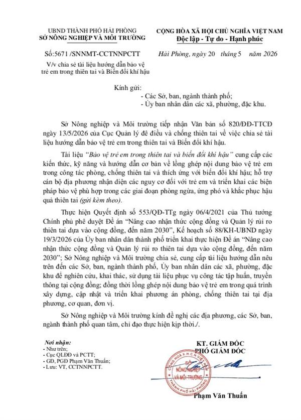 Công văn về việc chia sẻ tài liệu hướng dẫn bảo vệ trẻ em trong thiên tai và Biến đổi khí hậu