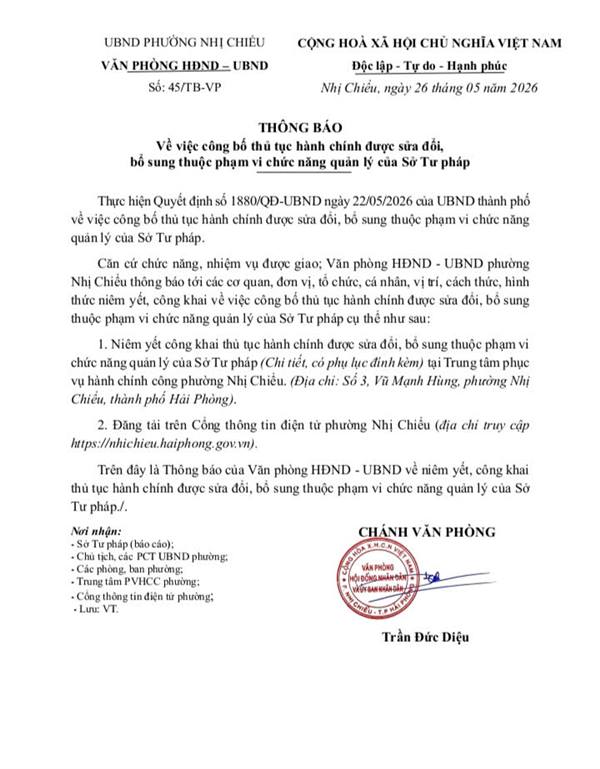UBND phường Nhị Chiểu thông báo về việc công bố thủ tục hành chính được sửa đổi, bổ sung thuộc phạm vi chức năng quản lý của Sở Tư pháp