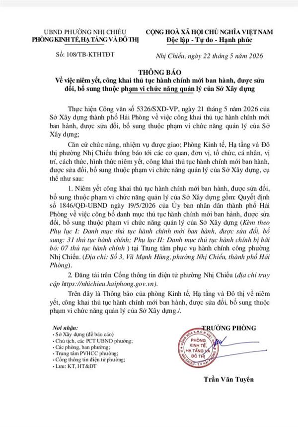UBND phường Nhị Chiểu thông báo về việc niêm yết, công khai thủ tục hành chính mới ban hành, được sửa đổi, bổ sung thuộc phạm vi chức năng quản lý của Sở Xây dựng