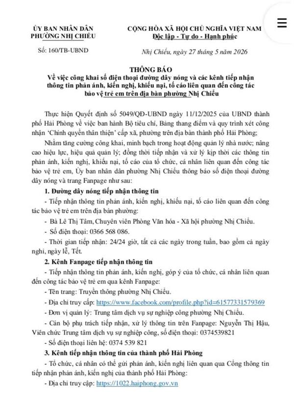 UBND phường Nhị Chiểu thông báo về việc công khai số điện thoại đường dây nóng và các kênh tiếp nhận thông tin phản ánh, kiến nghị, khiếu nại, tố cáo liên quan đến công tác bảo vệ trẻ em trên địa bàn phường Nhị Chiểu