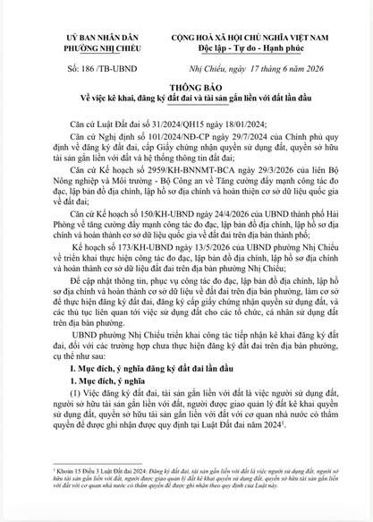 UBND phường Nhị Chiểu thông báo về việc kê khai, đăng ký đất đai và tài sản gắn liền với đất lần đầu