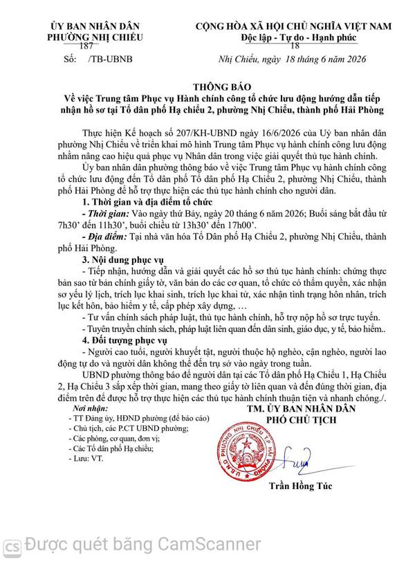UBND phường Nhị Chiểu thông báo về việc Trung tâm Phục vụ hành chính công phường tổ chức lưu động hướng dẫn tiếp nhận hồ sơ tại Tổ dân phố Tổ dân phố Hạ Chiểu 2.