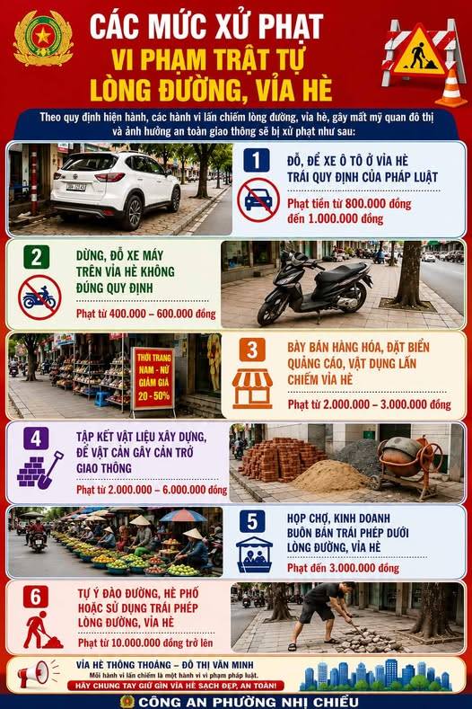 Công an phường Nhị Chiểu thông báo các mức xử phạt vi phạm trật tự lòng đường, vỉa hè trên địa bàn