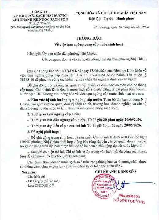 Chi nhánh Kinh doanh nước sạch số 8 thông báo về việc tạm dừng cung cấp nước sinh hoạt trên địa bàn phường Nhị Chiểu.