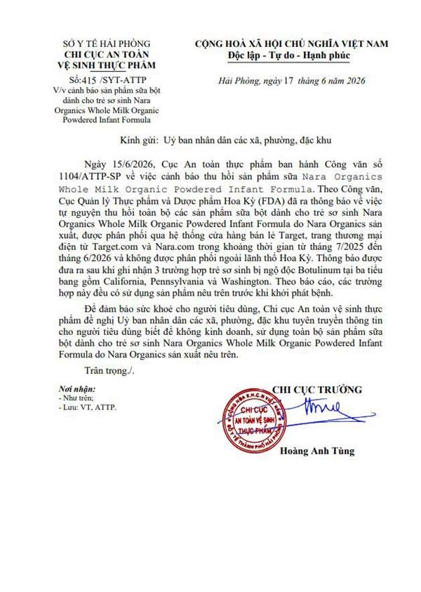 Chi Cục An toàn vệ sinh thực phẩm thông báo về việc cảnh báo sản phẩm sữa bột dành cho trẻ sơ sinh Nara Organics Whole Milk Organic Powdered Infant Formula.
