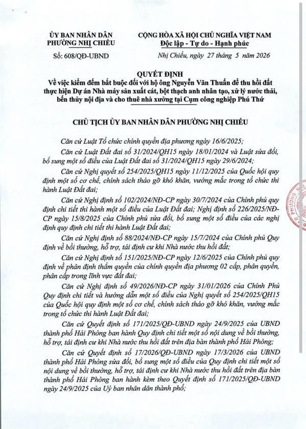 UBND phường Nhị Chiểu ra quyết định về việc kiểm đếm bắt buộc đối với hộ ông Nguyễn Văn Thuấn để thu hồi đất thực hiện Dự án Nhà máy sản xuất cát, bột thạch anh nhân tạo, xử lý nước thải, bến thủy nội địa và cho thuê nhà xưởng tại Cụm công nghiệp Phú Thứ