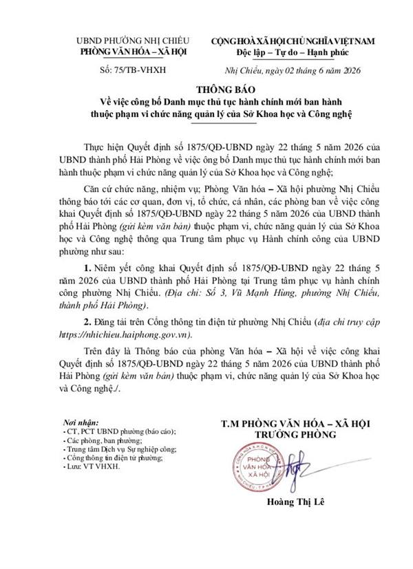 UBND phường Nhị Chiểu thông báo về việc công bố Danh mục thủ tục hành chính mới ban hành thuộc phạm vi chức năng quản lý của Sở Khoa học và Công nghệ