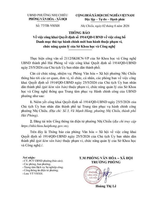 UBND phường Nhị Chiểu thông báo về việc công khai Quyết định số 1914/QĐ-UBND về việc công bố Danh mục thủ tục hành chính mới ban hành thuộc phạm vi, chức năng quản lý của Sở Khoa học và Công nghệ