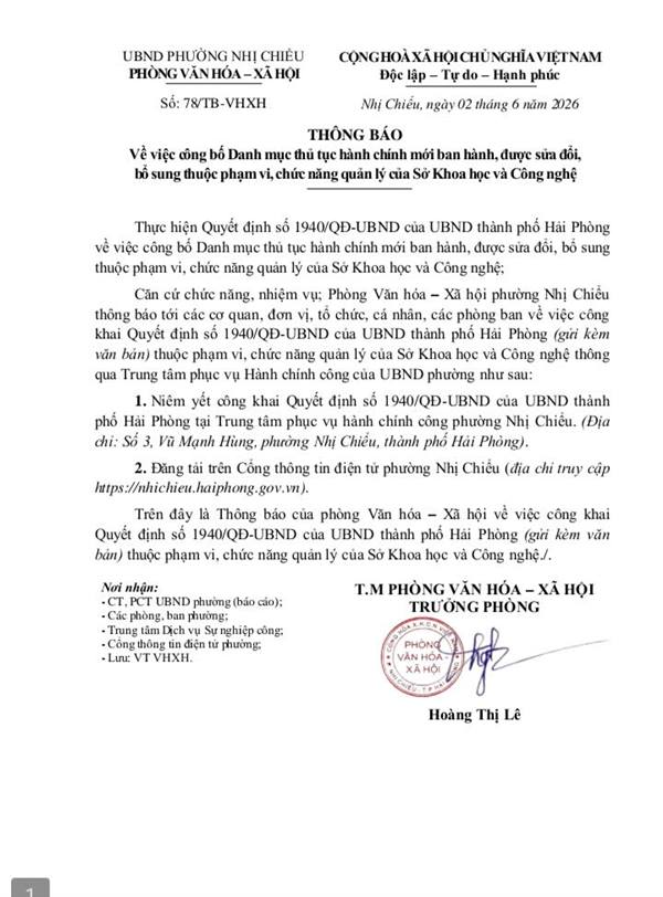 UBND phường Nhị Chiểu thông báo về việc công bố Danh mục thủ tục hành chính mới ban hành, được sửa đổi, bổ sung thuộc phạm vi, chức năng quản lý của Sở Khoa học và Công nghệ