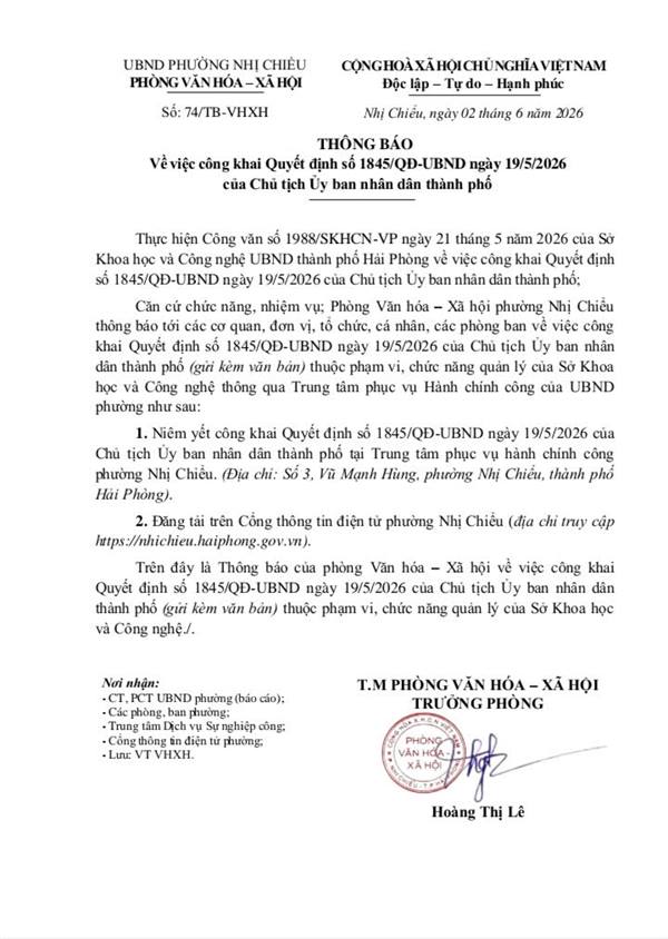 UBND phường Nhị Chiểu thông báo về việc công khai Quyết định số 1845/QĐ-UBND ngày 19/5/2026 của Chủ tịch Ủy ban nhân dân thành phố