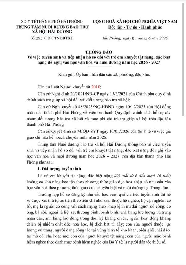 Thông báo về việc tuyển sinh và tiếp nhận hồ sơ đối với trẻ em khuyết tật nặng, đặc biệt nặng đề nghị vào học văn hóa và nuôi dưỡng năm học 2026 - 2027