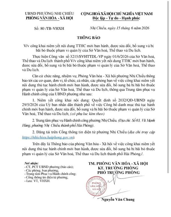 UBND phường Nhị Chiểu thông báo về việc công khai niêm yết nội dung TTHC mới ban hành, được sửa đổi, bổ sung và bị bãi bỏ thuộc phạm vi quản lý của Sở Văn hoá, Thể thao và Du lịch.