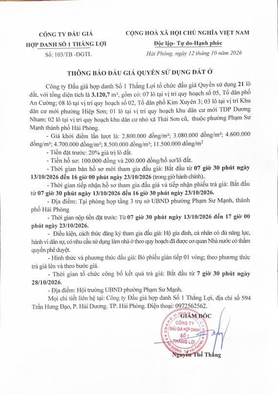 Thông báo đấu giá quyền sử dụng đất ở trên địa bàn phường Phạm Sư Mạnh