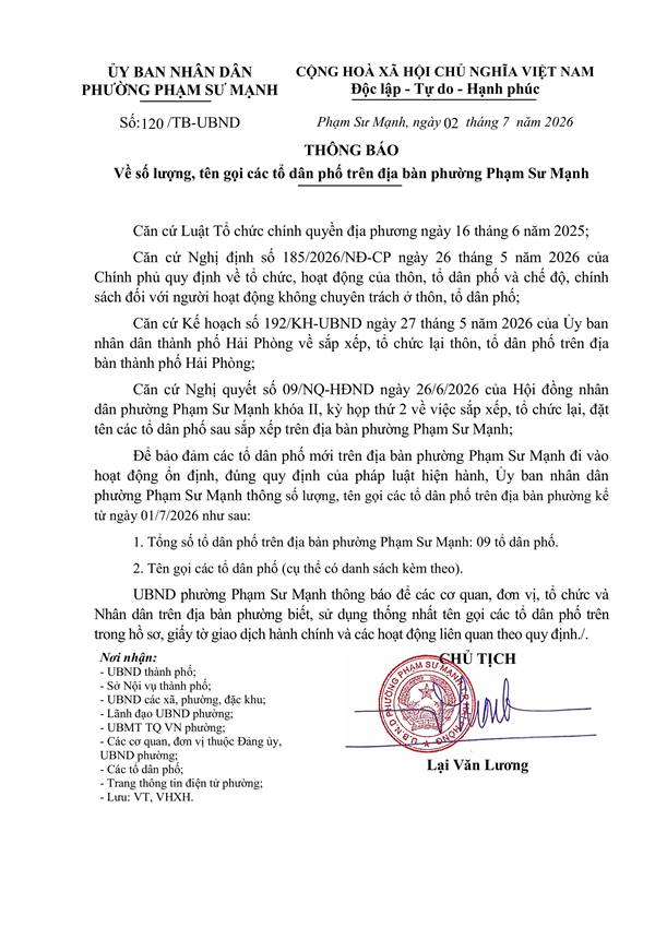 Thông báo số lượng, tên gọi các tổ dân phố trên địa bàn phường Phạm Sư Mạnh