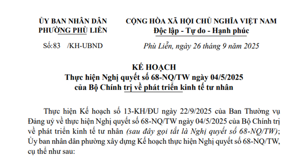 Kế hoạch thực hiện Nghị quyết số 68-NQ/TW ngày 04/5/2025 của Bộ Chính trị về phát triển kinh tế tư nhân