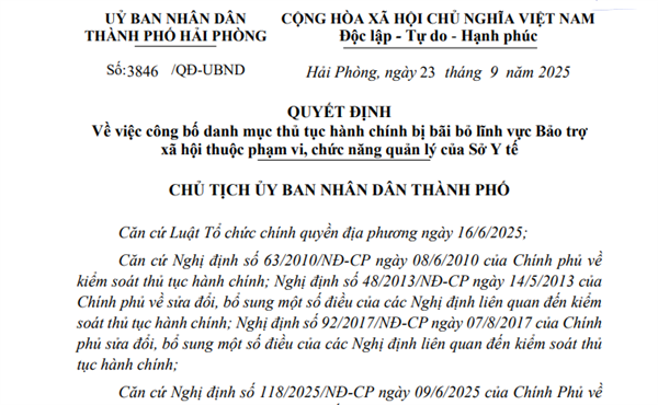 Quyết định số 3846/QĐ-UBND Về việc công bố danh mục thủ tục hành chính bị bãi bỏ lĩnh vực Bảo trợ xã hội thuộc phạm vi, chức năng quản lý của Sở Y tế
