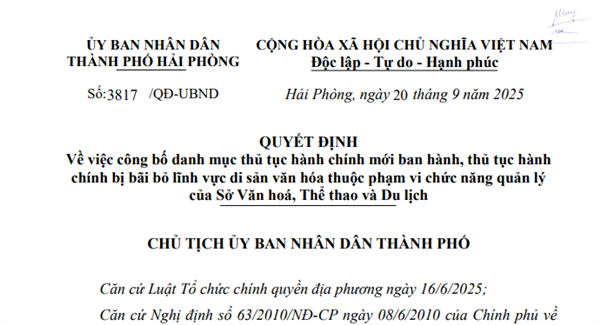 Quyết định số 3817/QĐ-UBND Về việc công bố danh mục thủ tục hành chính mới ban hành, thủ tục hành chính bị bãi bỏ lĩnh vực di sản văn hóa thuộc phạm vi chức năng quản lý của Sở Văn hoá, Thể thao và Du lịch