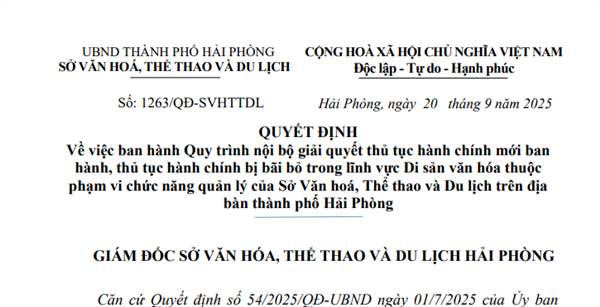 Quyết định số 1263/QĐ-SVHTTDL Về việc ban hành Quy trình nội bộ giải quyết thủ tục hành chính mới ban
hành, thủ tục hành chính bị bãi bỏ trong lĩnh vực Di sản văn hóa thuộc
phạm vi chức năng quản lý của Sở Văn hoá, Thể thao và Du lịch trên địa
bàn thành phố Hải Phòng