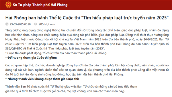 Hải Phòng ban hành Thể lệ Cuộc thi "Tìm hiểu pháp luật trực tuyến năm 2025"