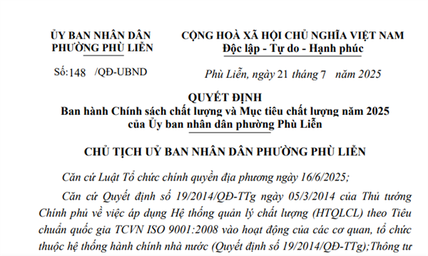 Quyết định số 148/QĐ-UBND Ban hành Chính sách chất lượng và Mục tiêu chất lượng năm 2025 của Ủy ban nhân dân phường Phù Liễn