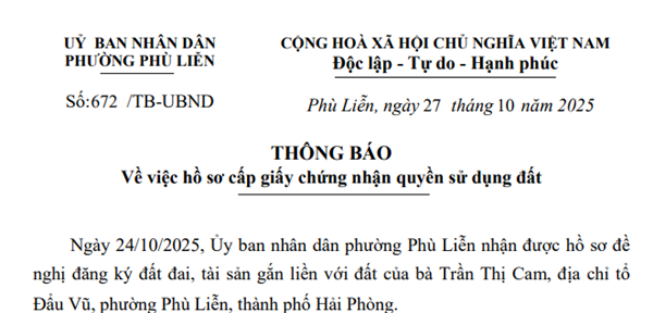 Thông báo về việc hồ sơ cấp giấy chứng nhận quyền sử dụng đất