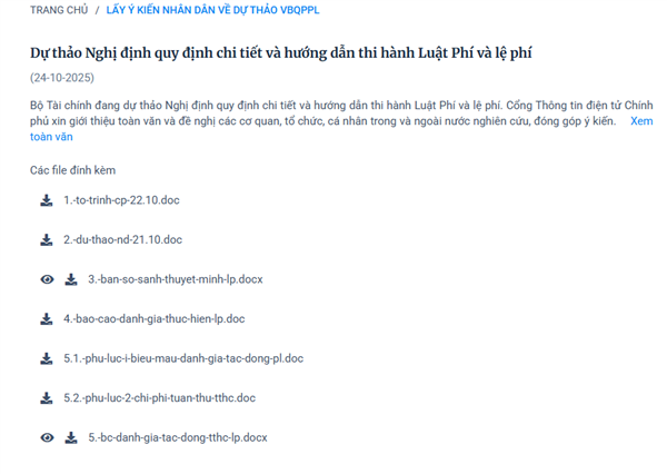 Dự thảo Nghị định quy định chi tiết và hướng dẫn thi hành Luật Phí và lệ phí