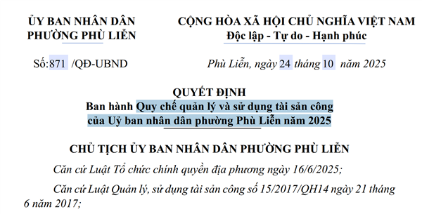 Quy chế quản lý và sử dụng tài sản công của Uỷ ban nhân dân phường Phù Liễn năm 2025