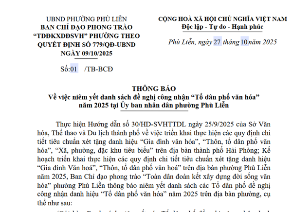 Niêm yết danh sách đề nghị công nhận “Tổ dân phố văn hóa” năm 2025 tại Ủy ban nhân dân phường Phù Liễn