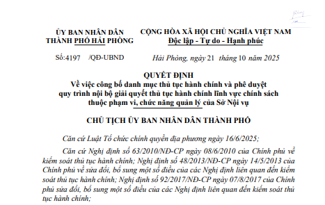 Quyết định 4197/QĐ-UBND Về việc công bố danh mục thủ tục hành chính và phê duyệt
quy trình nội bộ giải quyết thủ tục hành chính lĩnh vực chính sách
thuộc phạm vi, chức năng quản lý của Sở Nội vụ