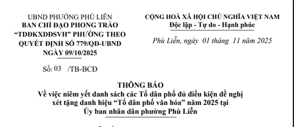 Niêm yết danh sách các Tổ dân phố đủ điều kiện đề nghị xét tặng danh hiệu "Tổ dân phố văn hóa" năm 2025 tại UBND phường Phù Liễn